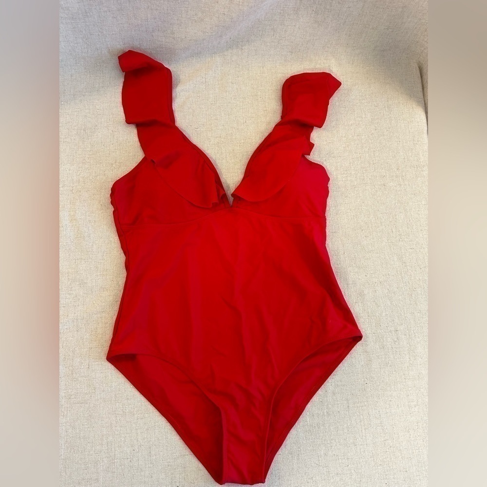 Red One Piece Swimsuit Ruffled Deep V - Picture 3 of 8